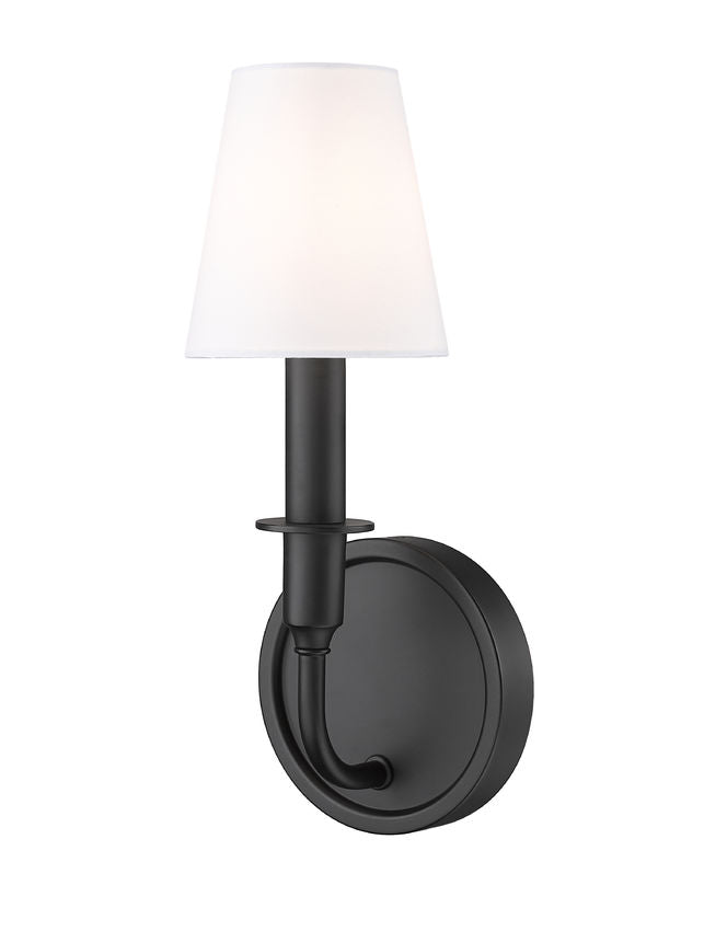 Z-Lite Tova 5" 1-Light Matte Black Steel Frame White Fabric Shade Wall Sconce