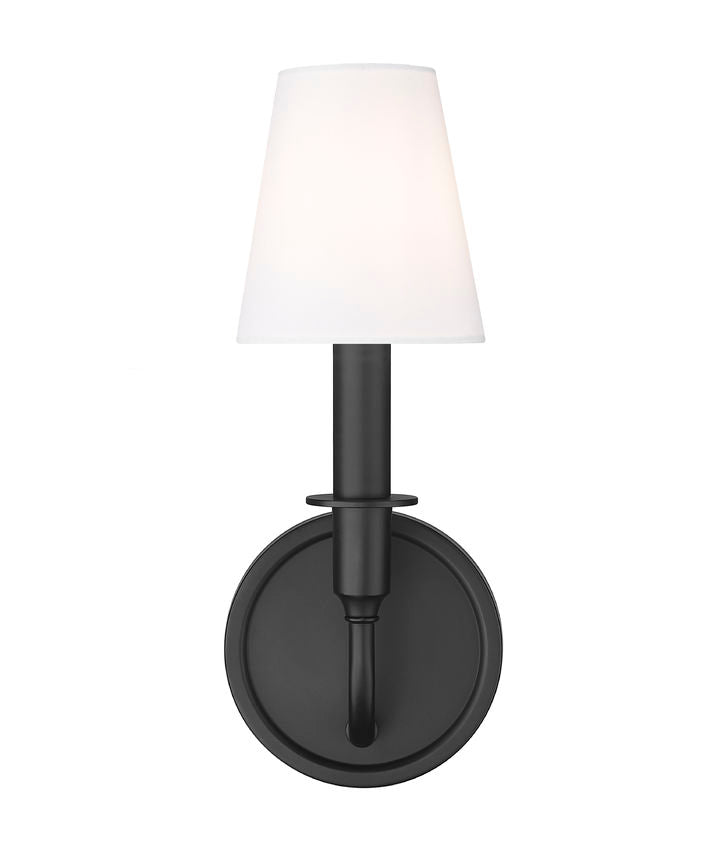 Z-Lite Tova 5" 1-Light Matte Black Steel Frame White Fabric Shade Wall Sconce
