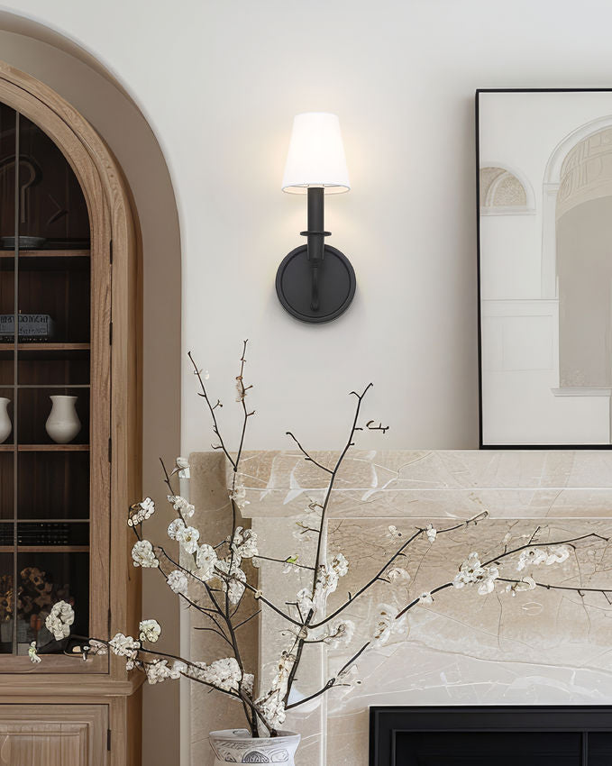 Z-Lite Tova 5" 1-Light Matte Black Steel Frame White Fabric Shade Wall Sconce