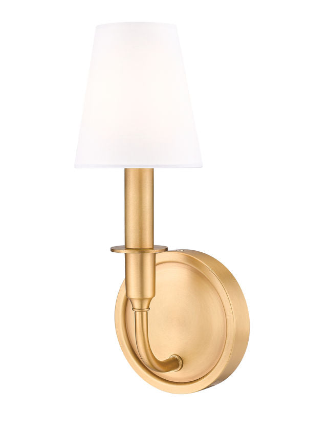 Z-Lite Tova 5" 1-Light Rubbed Brass Steel Frame White Fabric Shade Wall Sconce