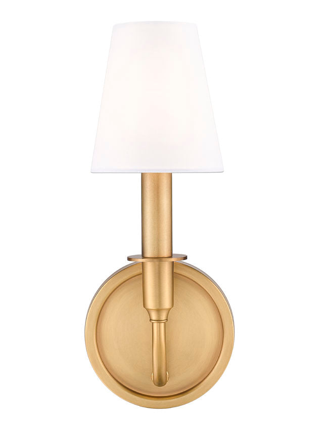 Z-Lite Tova 5" 1-Light Rubbed Brass Steel Frame White Fabric Shade Wall Sconce