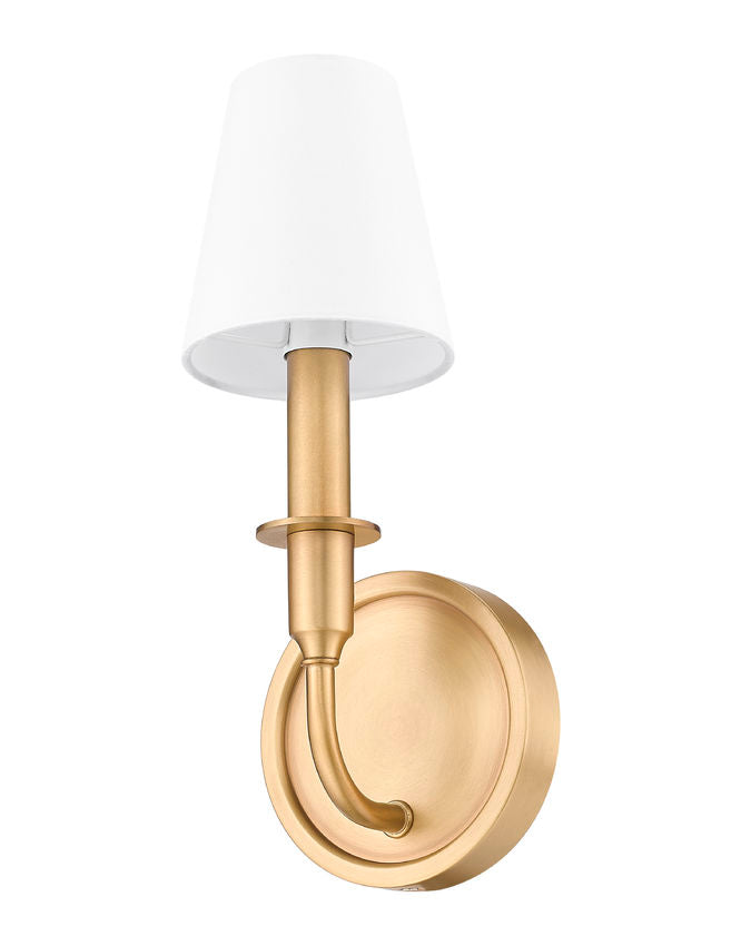 Z-Lite Tova 5" 1-Light Rubbed Brass Steel Frame White Fabric Shade Wall Sconce