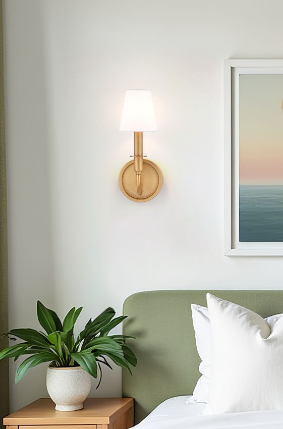 Z-Lite Tova 5" 1-Light Rubbed Brass Steel Frame White Fabric Shade Wall Sconce