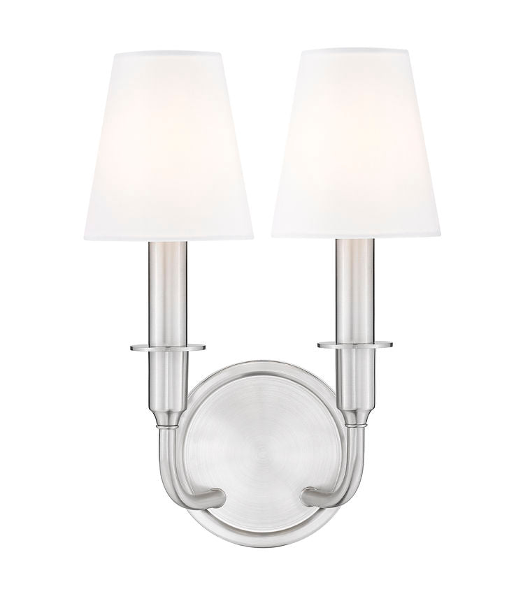 Z-Lite Tova 9" 2-Light Brushed Nickel Steel Frame White Fabric Shade Wall Sconce