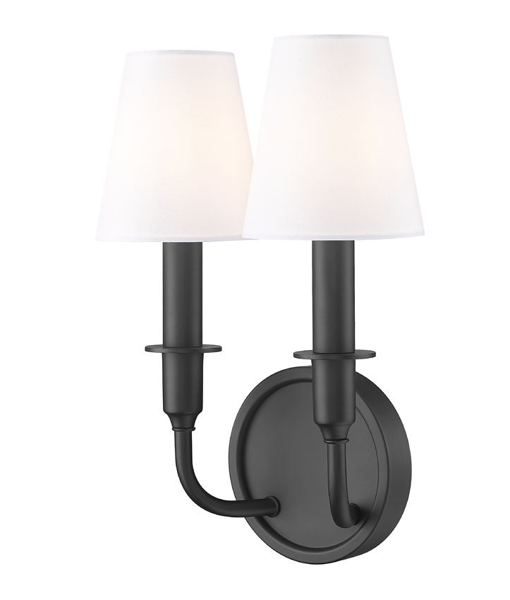 Z-Lite Tova 9" 2-Light Matte Black Steel Frame White Fabric Shade Wall Sconce