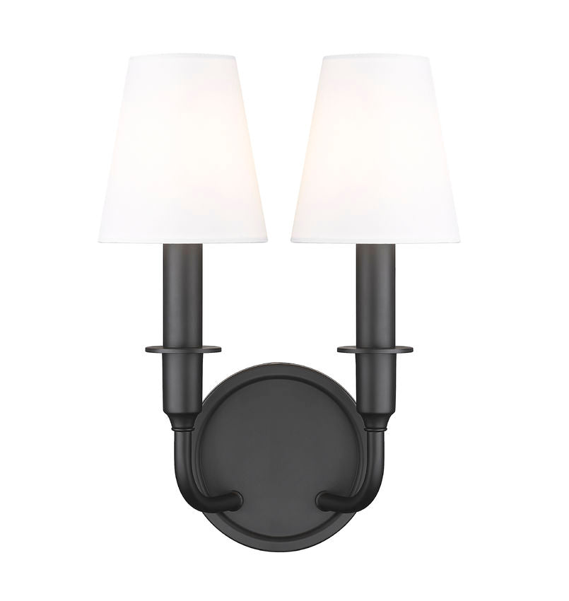 Z-Lite Tova 9" 2-Light Matte Black Steel Frame White Fabric Shade Wall Sconce