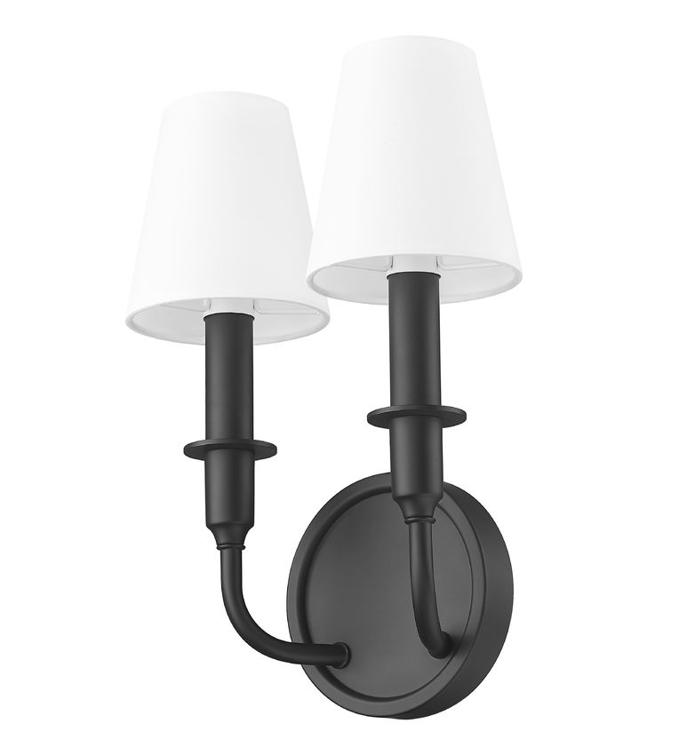 Z-Lite Tova 9" 2-Light Matte Black Steel Frame White Fabric Shade Wall Sconce