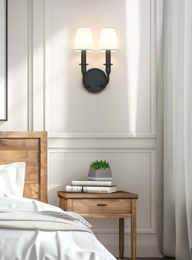 Z-Lite Tova 9" 2-Light Matte Black Steel Frame White Fabric Shade Wall Sconce
