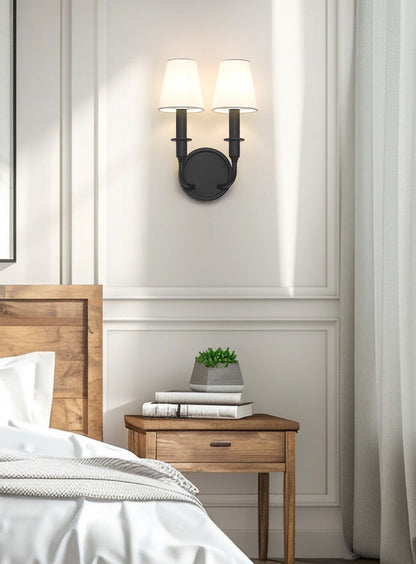 Z-Lite Tova 9" 2-Light Matte Black Steel Frame White Fabric Shade Wall Sconce