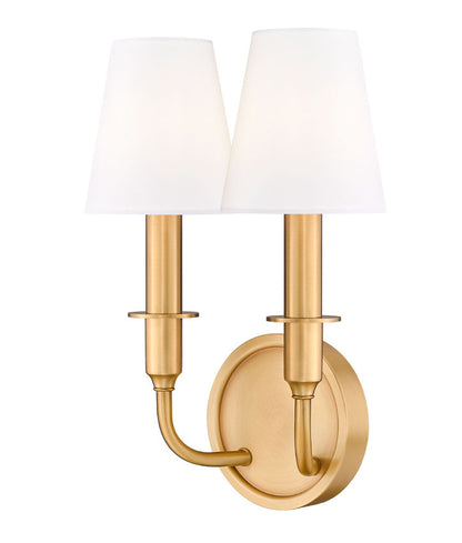 Z-Lite Tova 9" 2-Light Rubbed Brass Steel Frame White Fabric Shade Wall Sconce
