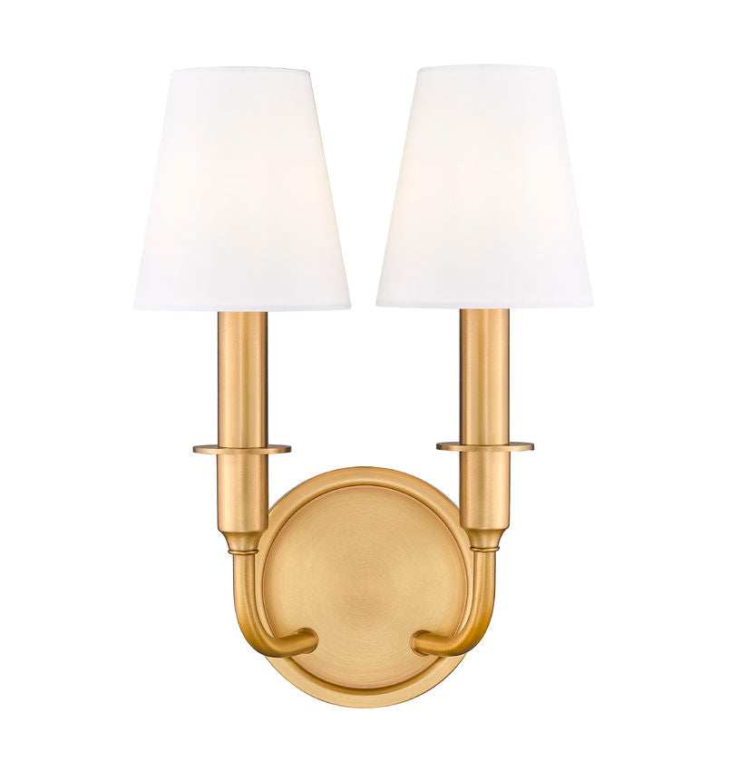 Z-Lite Tova 9" 2-Light Rubbed Brass Steel Frame White Fabric Shade Wall Sconce