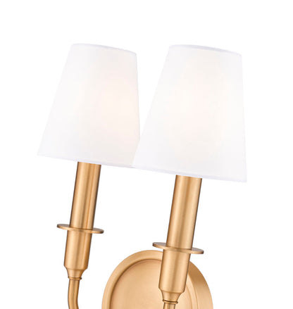 Z-Lite Tova 9" 2-Light Rubbed Brass Steel Frame White Fabric Shade Wall Sconce