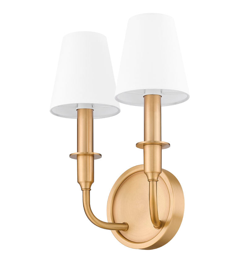 Z-Lite Tova 9" 2-Light Rubbed Brass Steel Frame White Fabric Shade Wall Sconce