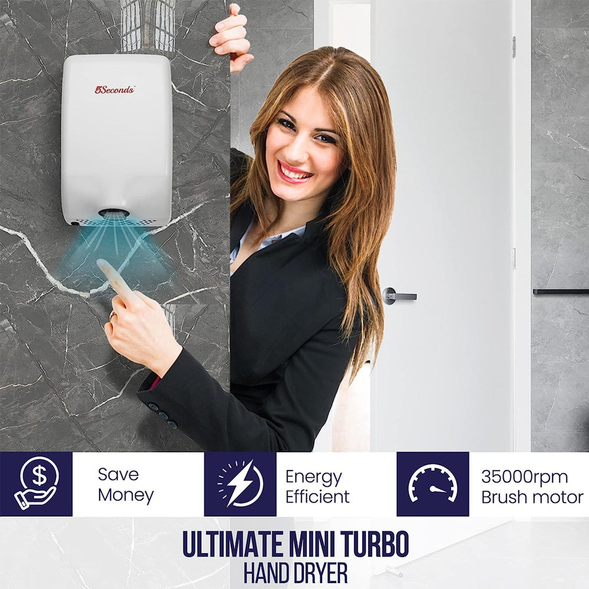 5Seconds Mini Turbo Series 7" White Stainless Steel High Velocity 1000W Touch Free Electric Hand Dryer