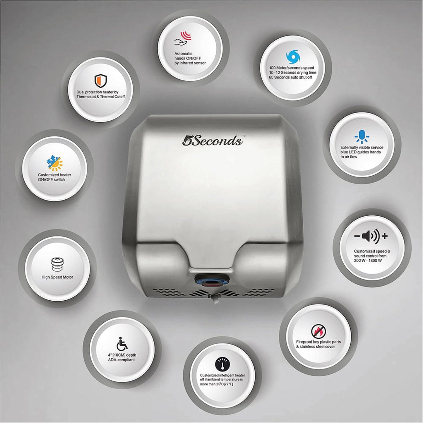 5Seconds Optimizer Series 16" Brushed Stainless Steel 1800W Touch Free Electric Hand Dryer