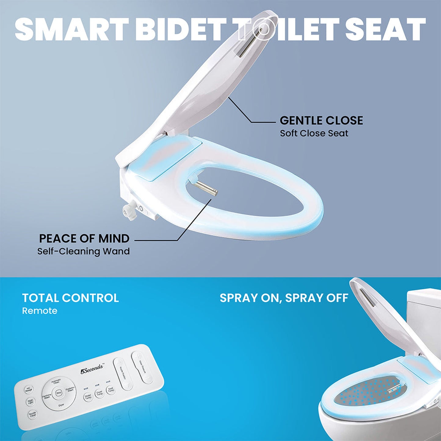 5Seconds RS Series 15" White Elongated Soft Close Smart Electric Bidet Toilet Seat