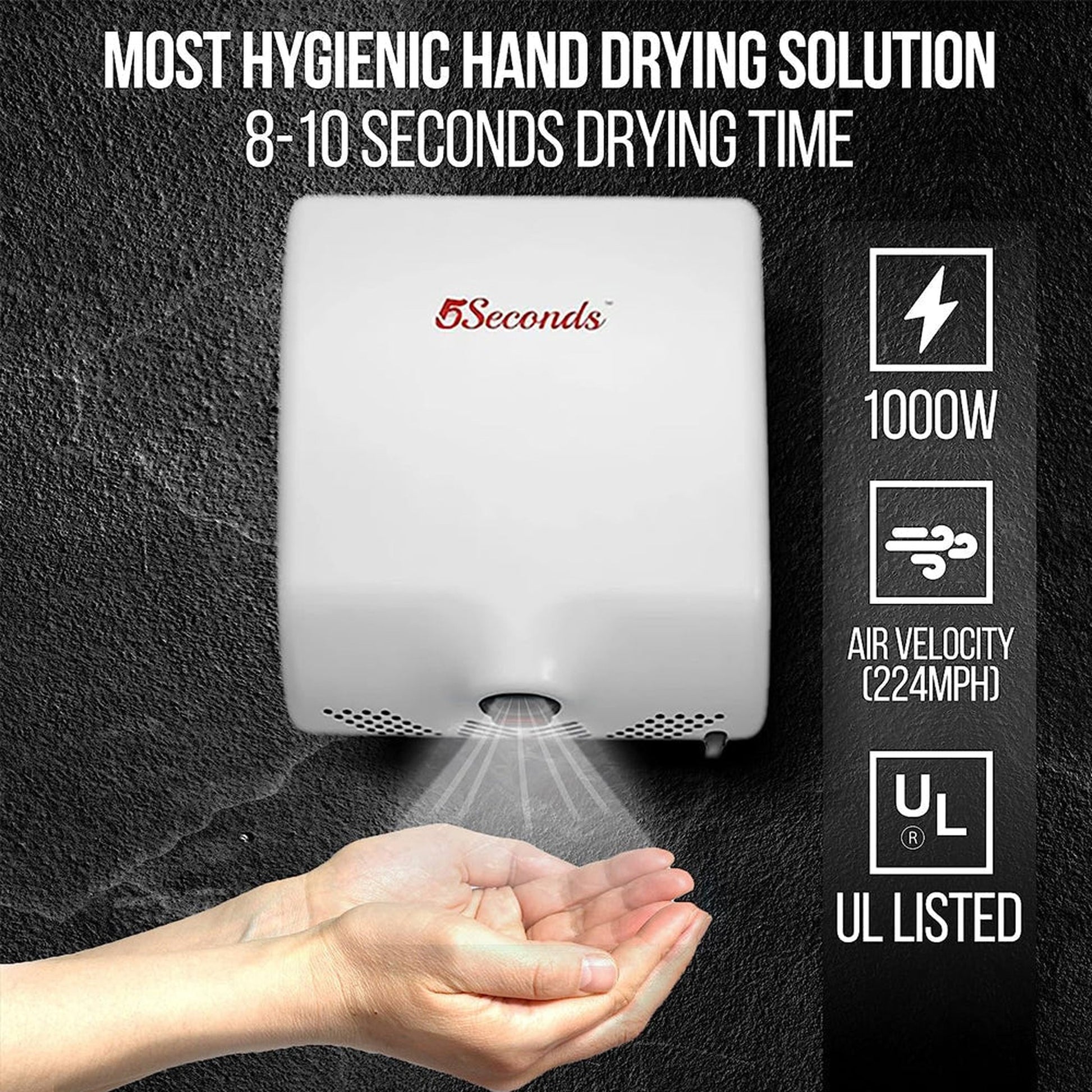 5Seconds Ultimate Series 11" White Stainless Steel High Velocity 1000W Touch Free Electric Hand Dryer