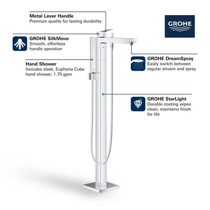 Grohe Eurocube® Single-Handle StarLight Chrome Freestanding Tub Faucet With 1.75 GPM Hand Shower