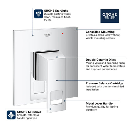 Grohe Eurocube® Pressure Balance Metal Handle and Plate StarLight Chrome Valve Trim With Cartridge