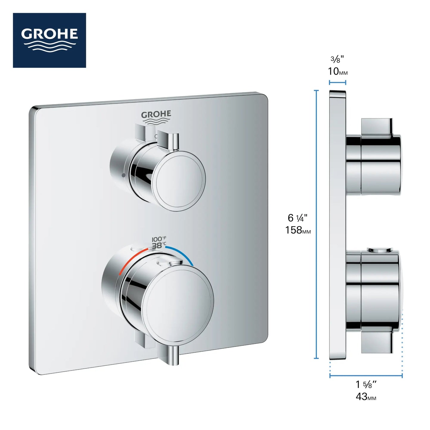 Grohe Grohtherm® Single Function 2-Handle StarLight Chrome Thermostatic Valve Trim