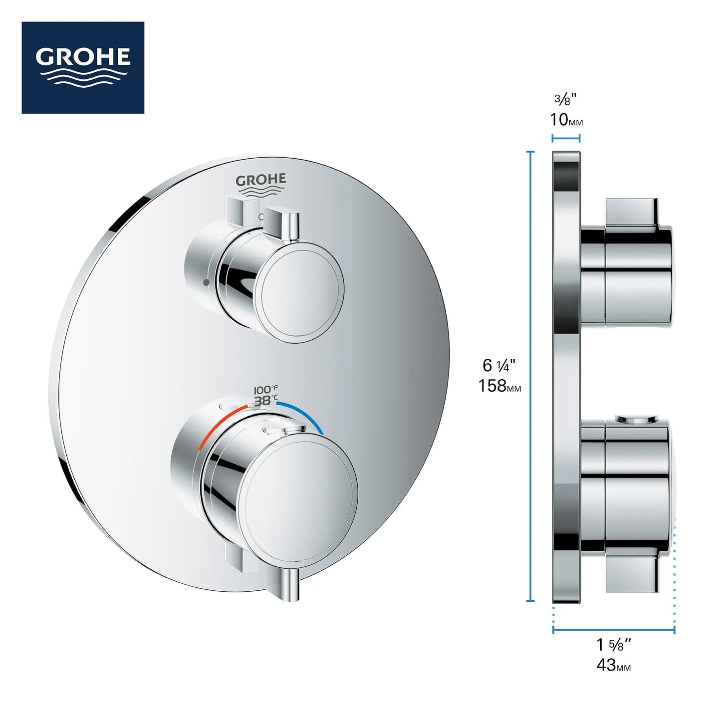Grohe Grohtherm® Dual Function 2-Handle Thermostatic StarLight Chrome Round Valve Trim