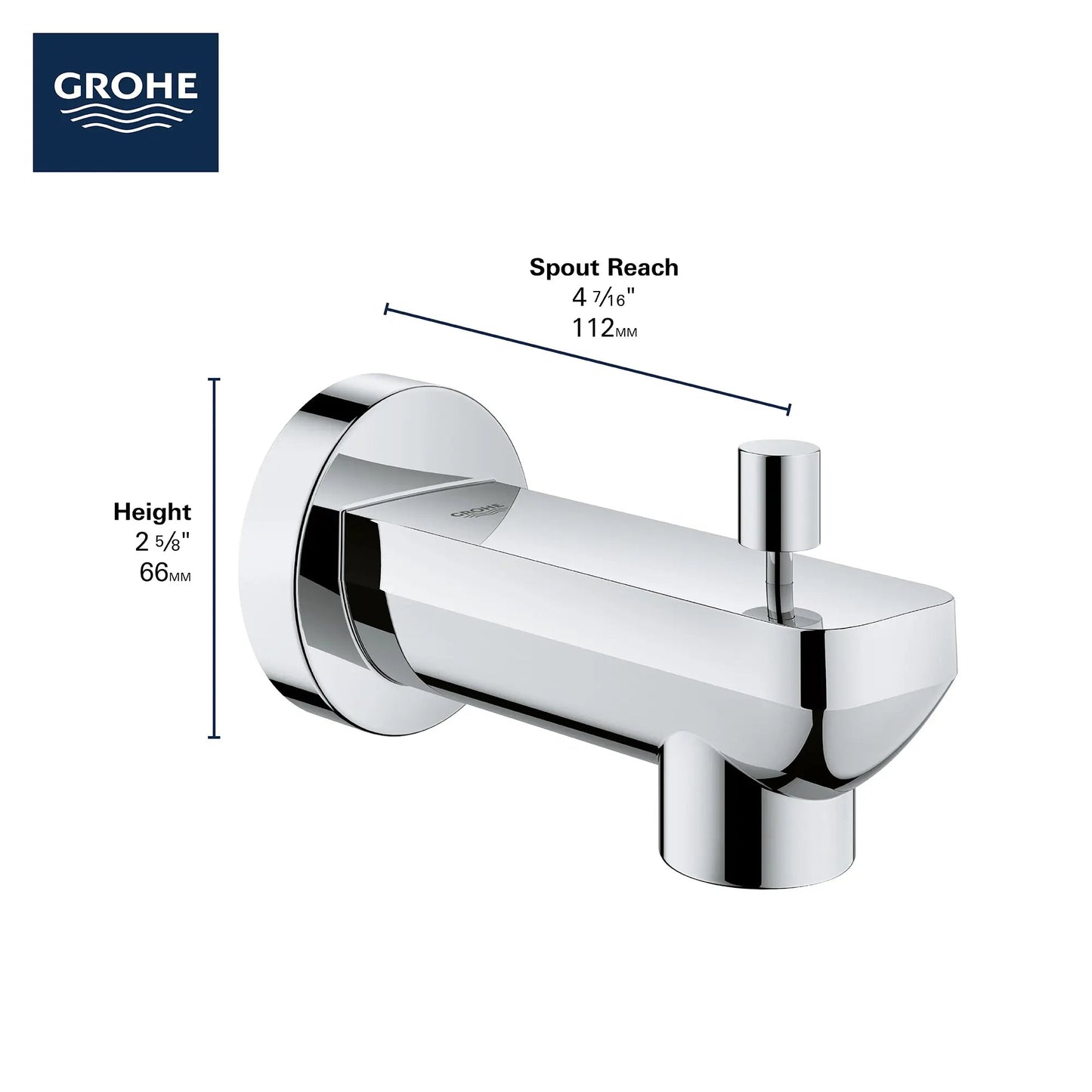 Grohe Lineare Metal Construction StarLight Chrome Wall Mount Diverter Tub Spout