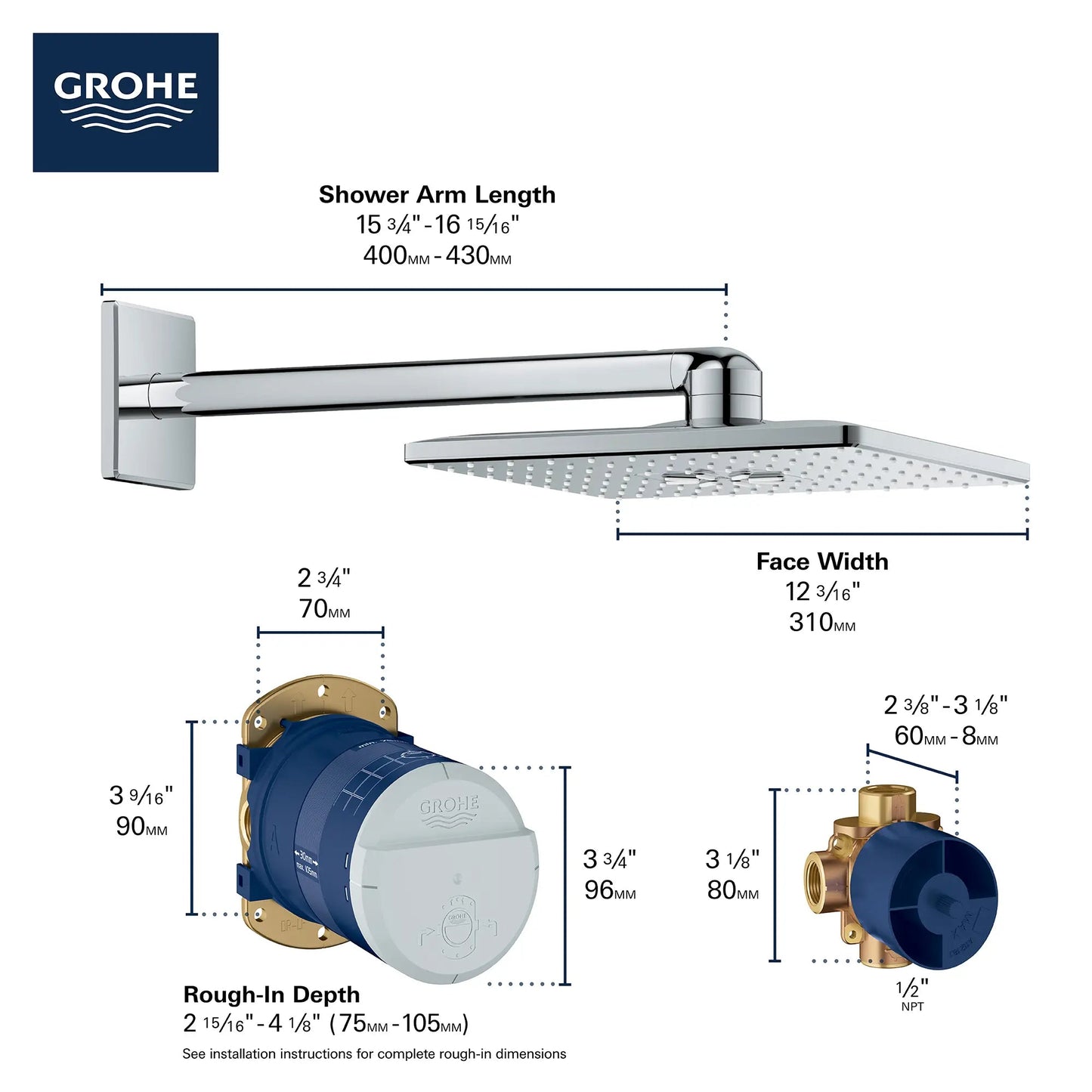 Grohe Rainshower 12" 2 Sprays 1.75 GPM StarLight Chrome 310 Shower Head Set