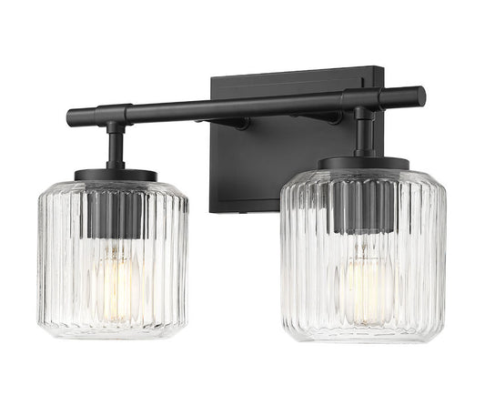 Z-Lite Landon 14" 2-Light Matte Black Clear Ribbed Glass Shade Vanity Light