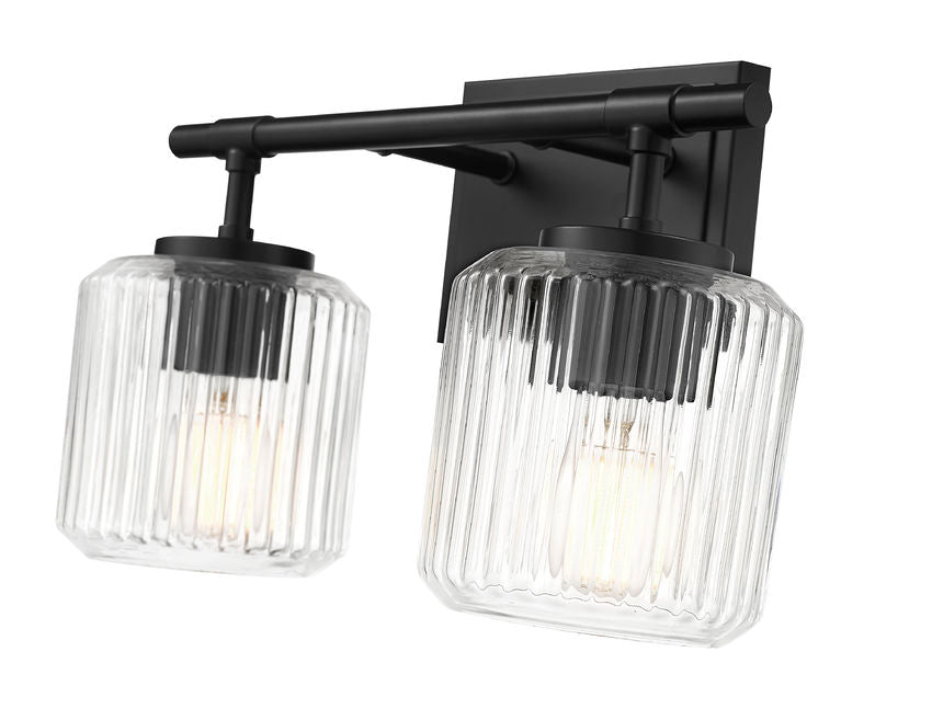 Z-Lite Landon 14" 2-Light Matte Black Clear Ribbed Glass Shade Vanity Light