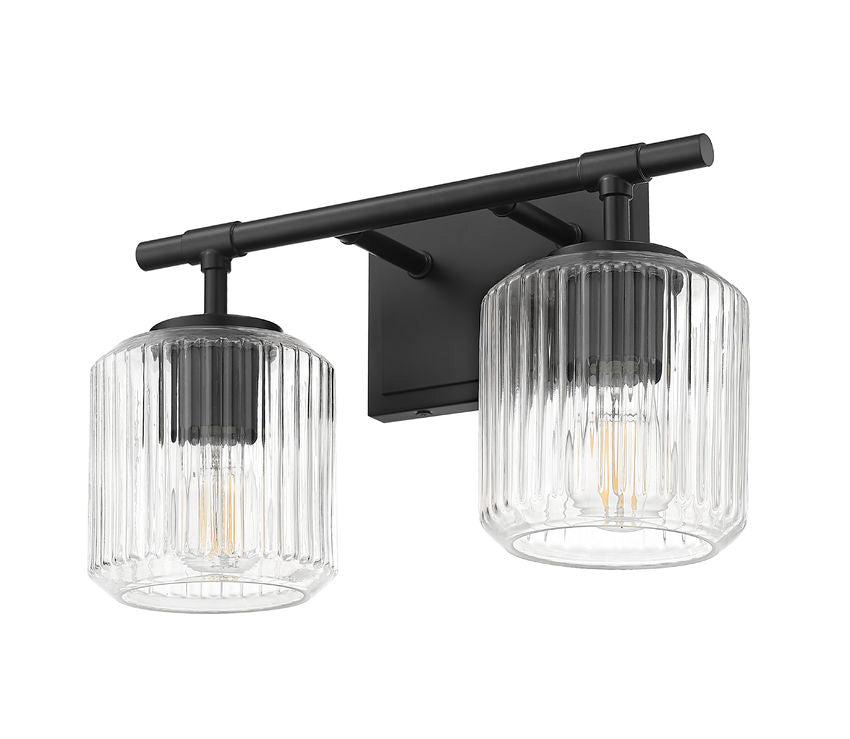 Z-Lite Landon 14" 2-Light Matte Black Clear Ribbed Glass Shade Vanity Light