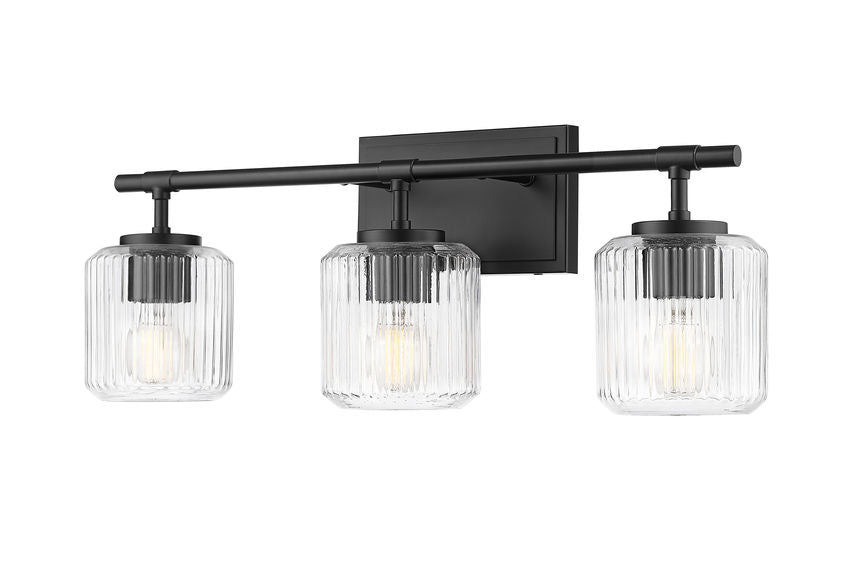 Z-Lite Landon 24" 3-Light Matte Black Clear Ribbed Glass Shade Vanity Light