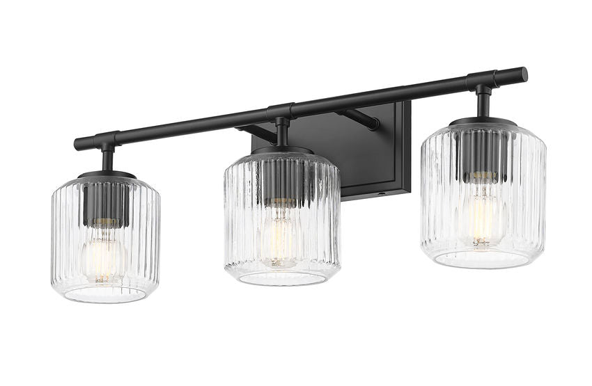 Z-Lite Landon 24" 3-Light Matte Black Clear Ribbed Glass Shade Vanity Light