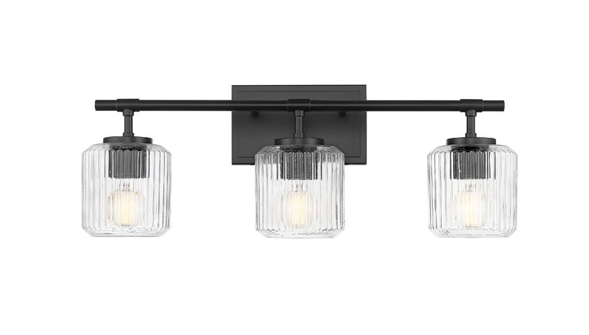 Z-Lite Landon 24" 3-Light Matte Black Clear Ribbed Glass Shade Vanity Light