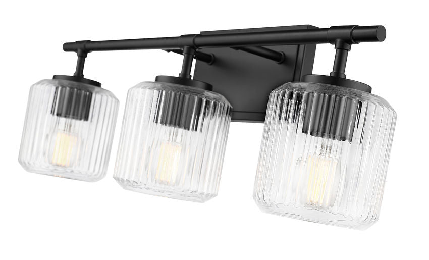 Z-Lite Landon 24" 3-Light Matte Black Clear Ribbed Glass Shade Vanity Light