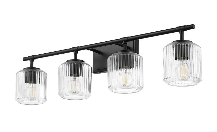 Z-Lite Landon 32" 4-Light Matte Black Clear Ribbed Glass Shade Vanity Light