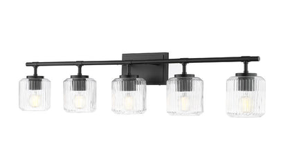 Z-Lite Landon 42" 5-Light Matte Black Clear Ribbed Glass Shade Vanity Light