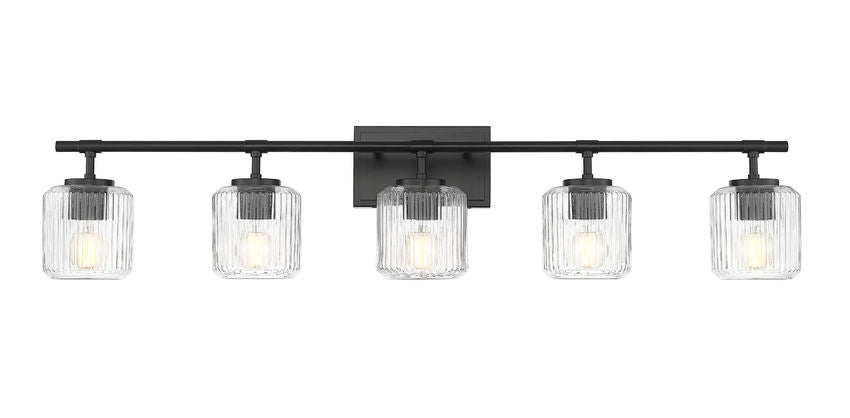 Z-Lite Landon 42" 5-Light Matte Black Clear Ribbed Glass Shade Vanity Light