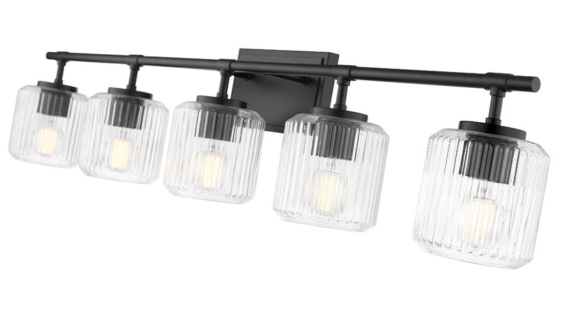 Z-Lite Landon 42" 5-Light Matte Black Clear Ribbed Glass Shade Vanity Light