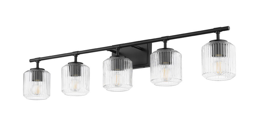 Z-Lite Landon 42" 5-Light Matte Black Clear Ribbed Glass Shade Vanity Light