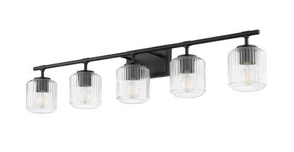 Z-Lite Landon 42" 5-Light Matte Black Clear Ribbed Glass Shade Vanity Light