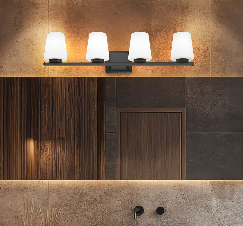 Z-Lite Nextra 32" 4-Light Matte Black Steel Frame White Opal Glass Shade Vanity Light