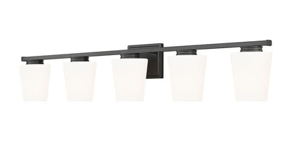 Z-Lite Nextra 42" 5-Light Matte Black Steel Frame White Opal Glass Shade Vanity Light