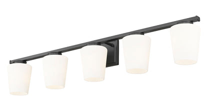 Z-Lite Nextra 42" 5-Light Matte Black Steel Frame White Opal Glass Shade Vanity Light