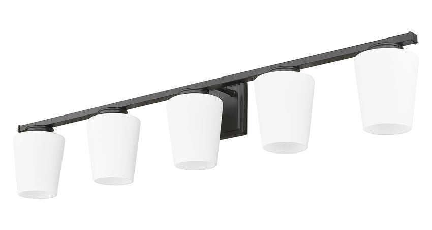 Z-Lite Nextra 42" 5-Light Matte Black Steel Frame White Opal Glass Shade Vanity Light