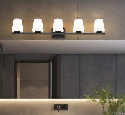 Z-Lite Nextra 42" 5-Light Matte Black Steel Frame White Opal Glass Shade Vanity Light