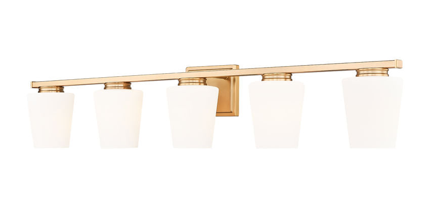 Z-Lite Nextra 42" 5-Light Modern Gold Steel Frame White Opal Glass Shade Vanity Light