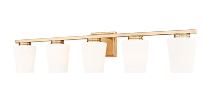 Z-Lite Nextra 42" 5-Light Modern Gold Steel Frame White Opal Glass Shade Vanity Light