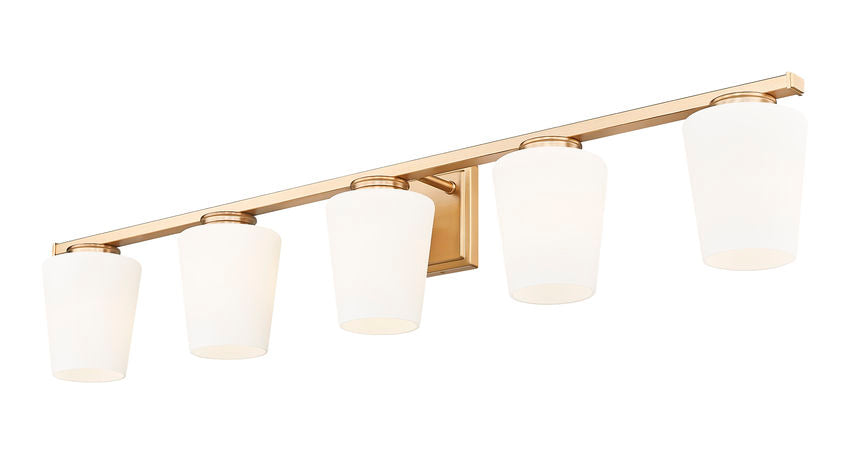 Z-Lite Nextra 42" 5-Light Modern Gold Steel Frame White Opal Glass Shade Vanity Light