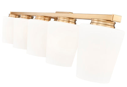 Z-Lite Nextra 42" 5-Light Modern Gold Steel Frame White Opal Glass Shade Vanity Light