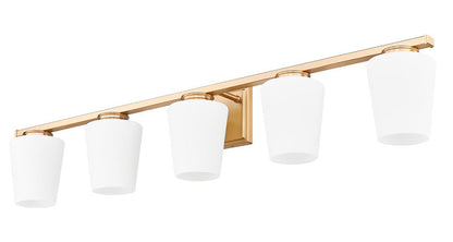 Z-Lite Nextra 42" 5-Light Modern Gold Steel Frame White Opal Glass Shade Vanity Light
